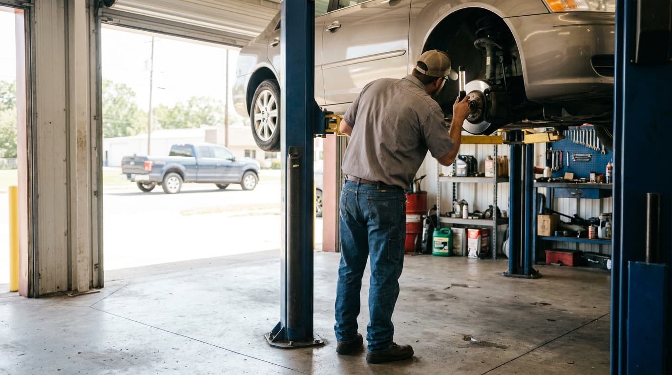 A mechanic checking a car's brakes in an auto shop