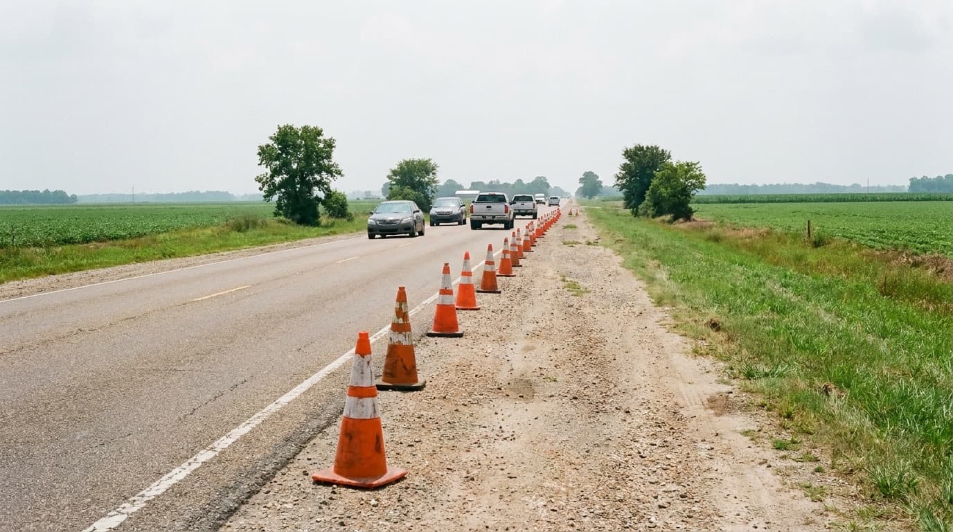 Orange traffic cones along the shoulder of a Louisiana highway at a traffic checkpoint