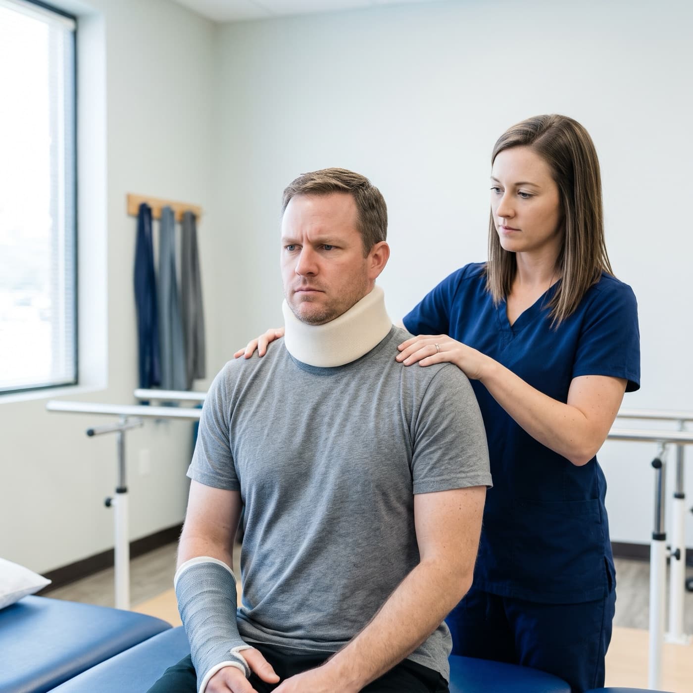 A man in a neck brace and arm cast with a physical therapist after a car accident