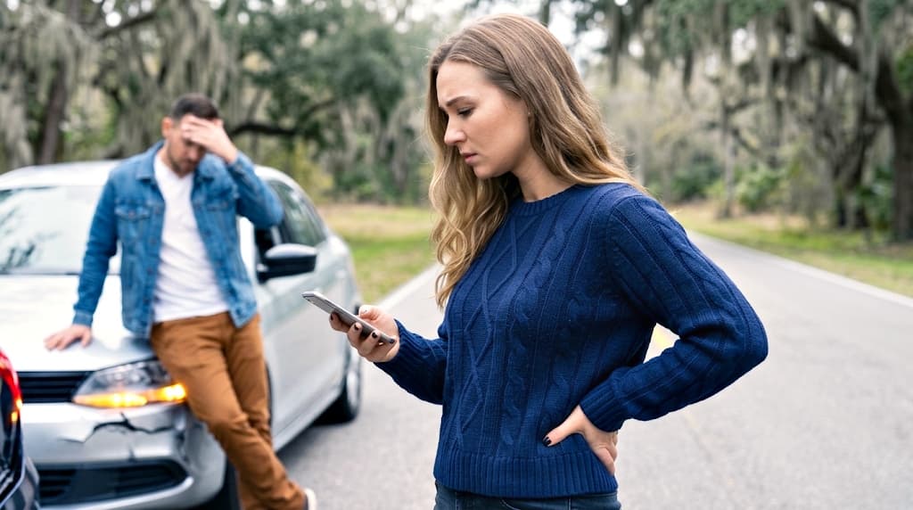 A woman on her phone at the roadside after a collision, the other driver leaning on his car with his head in his hand