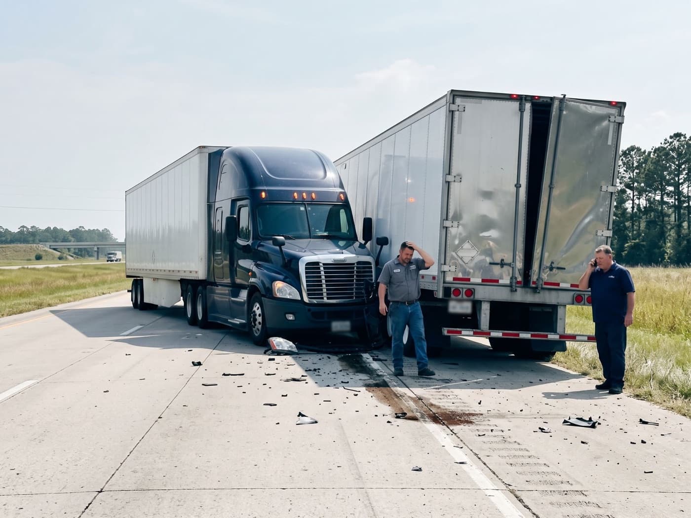 Two tractor-trailers stopped on the highway after a collision, debris on the road