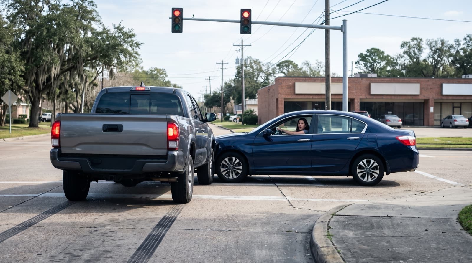 A pickup truck that ran a red light has struck the side of a blue sedan at an intersection in Gonzales, Louisiana