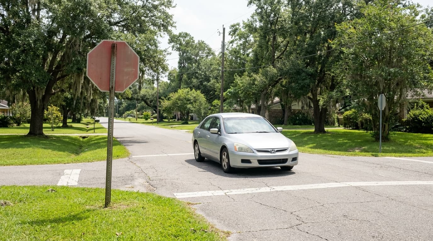 Sunny Louisiana neighborhood intersection with a stop sign where side-impact crashes often happen