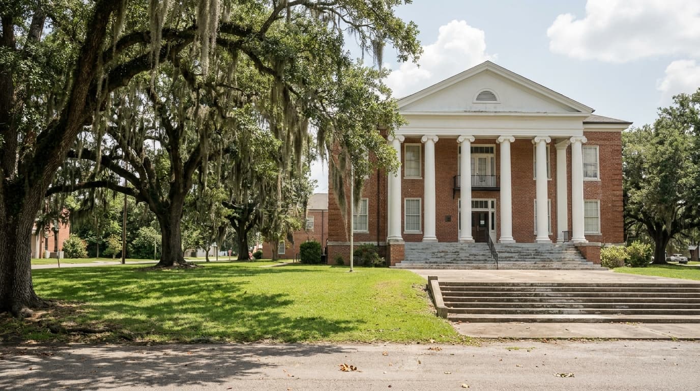 Louisiana parish courthouse on a sunny day where criminal and civil crash cases are heard