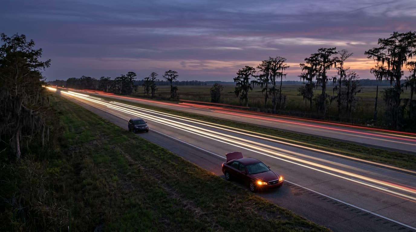 Disabled car on a Louisiana interstate shoulder at dusk with hazard lights on as traffic speeds past