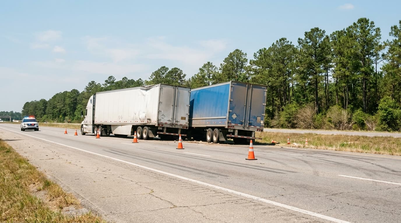 Two damaged tractor-trailers stopped across a closed Louisiana interstate after a multi-truck collision