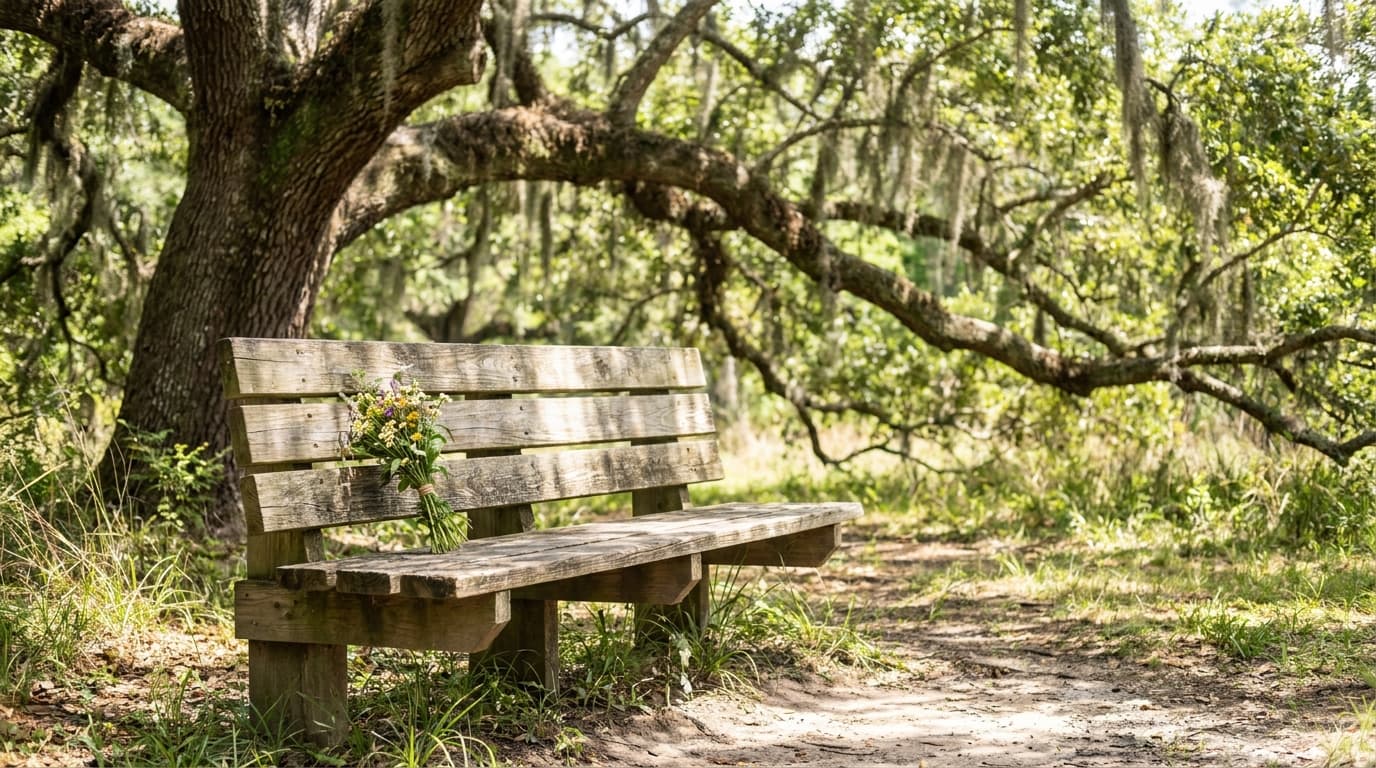 Flowers left on a sunny park bench under a mossy oak, a quiet place for grieving families