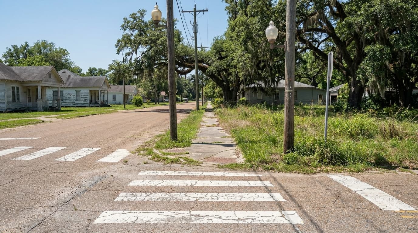 Faded crosswalk and sidewalk ending at a grassy shoulder on a small-town Louisiana street