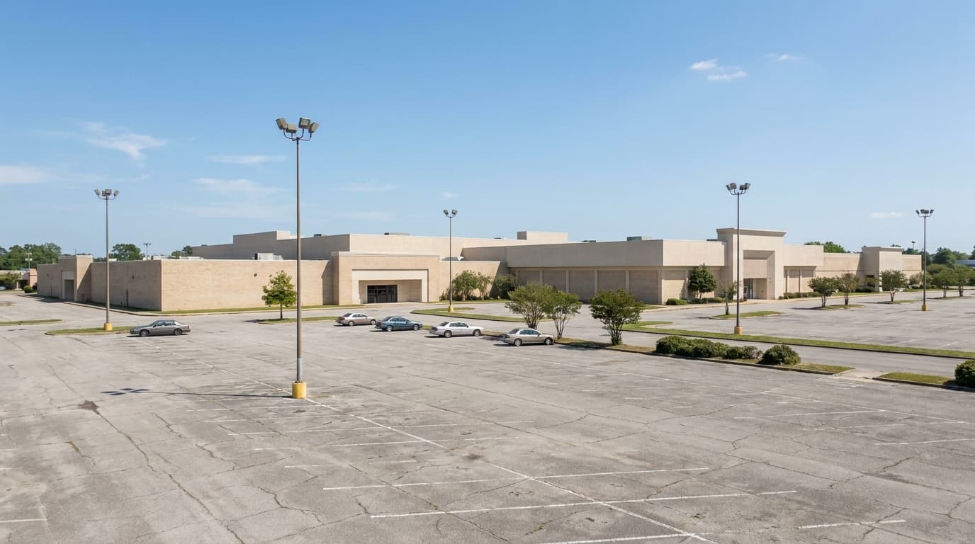 Empty shopping mall parking lot in daylight, the kind of business property where security questions arise