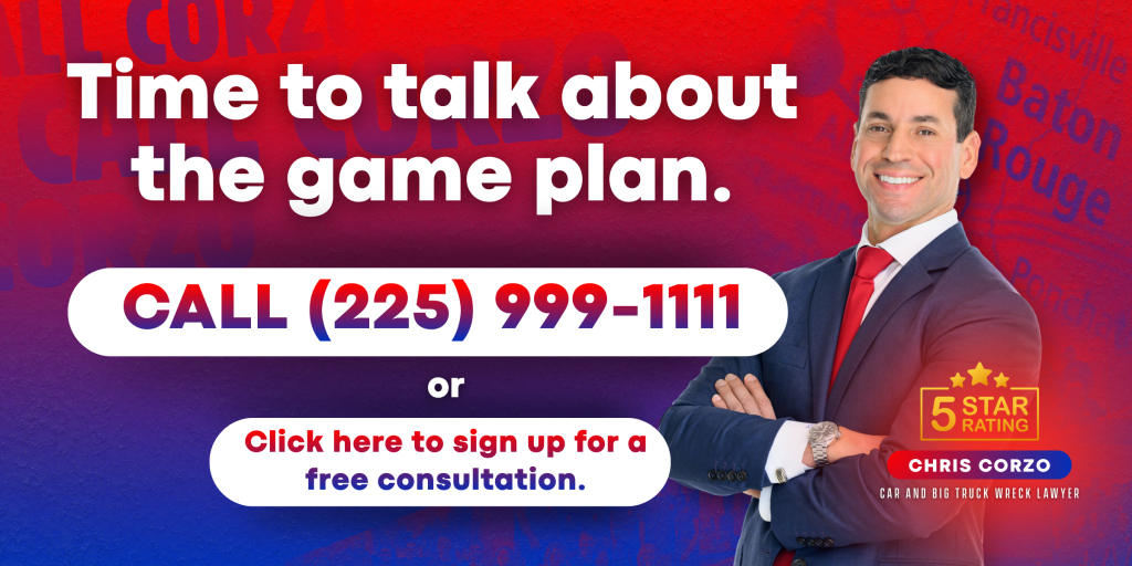 Promotional banner with bold text that reads “Time to talk about the game plan.” A smiling man in a suit with arms crossed appears on the right. The banner encourages viewers to call (225) 999-1111 or click to sign up for a free consultation. It includes a five star rating badge, Chris Corzo branding, and a red, purple, and blue background.