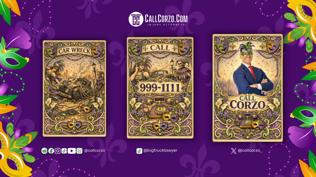 Alt text: Mardi Gras themed promotional graphic on a purple background featuring three illustrated vintage style cards. The first card references a car wreck scene, the center card displays “Call 999-1111,” and the third card shows a man in a suit wearing a Mardi Gras mask with the text “Call Corzo.” The design includes masks, beads, festive decorations, CallCorzo.com branding, and social media handles.
