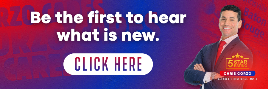 Promotional banner with text that reads “Be the first to hear what is new.” A large button says “Click Here.” A smiling man in a suit stands on the right with arms crossed. The banner includes a five star rating badge, Chris Corzo branding, and a red and blue gradient background encouraging newsletter signups.