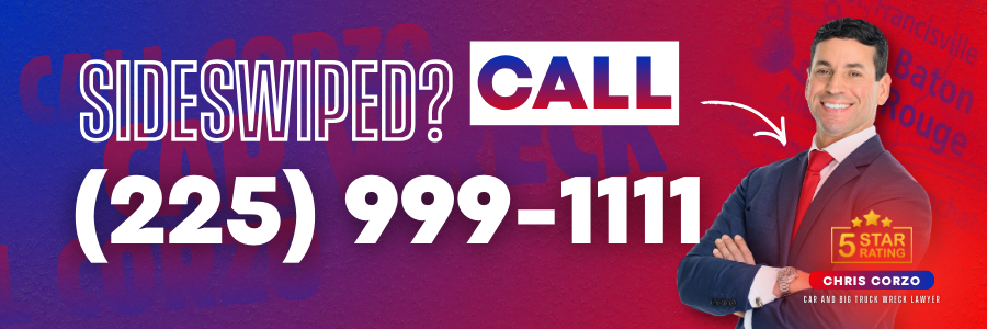 Banner advertisement for a personal injury law firm reading “Sideswiped? Call (225) 999-1111.” The design features a red and blue gradient background with faint city names. On the right, a smiling man in a navy suit with arms crossed appears beside a 5 star rating badge and the name Chris Corzo, car and big truck wreck lawyer.