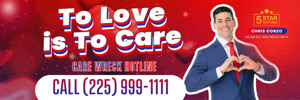 Valentine themed promotional banner with a red heart background and large text that reads “To Love is To Care.” Smaller text says “Care Wreck Hotline” and “Call (225) 999-1111.” A smiling man in a suit stands on the right making a heart shape with his hands. The graphic includes a five star rating badge and identifies Chris Corzo as a car and big truck wreck lawyer.
