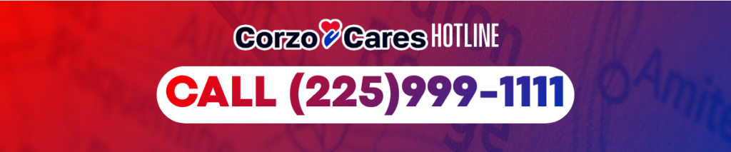 Promotional banner featuring the “Corzo Cares Hotline” and bold text that reads “Call (225) 999-1111.” The design uses a red and purple gradient background and promotes 24/7 assistance.