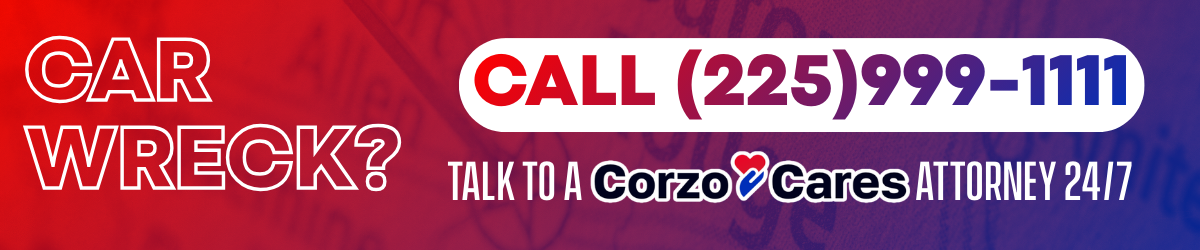Red promotional banner with a partial image of a smiling man in the background and large white text that reads “Call 225-999-1111.” Smaller text below says “Talk to an attorney 24/7,” emphasizing around-the-clock legal help.