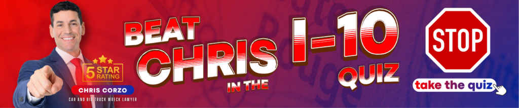 Promotional banner with bold text that reads “Beat Chris in the I-10 Quiz.” A smiling man in a suit points toward the viewer on the left, alongside a five star rating badge. A stop sign graphic appears on the right next to a “Take the quiz” button. The background uses red and purple tones.