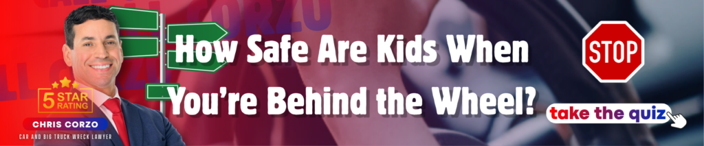 Promotional banner with text that reads “How Safe Are Kids When You’re Behind the Wheel?” A smiling man in a suit appears on the left with a five star rating badge. Road sign graphics and a stop sign appear on the right alongside a “Take the quiz” button. The background uses red and purple tones with a blurred driving scene.